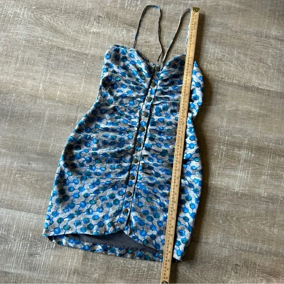 RACHEL COMEY 100% Silk Ruched Y2K Mini Dress sz S Snap Front Spaghetti Strap - Picture 8 of 15